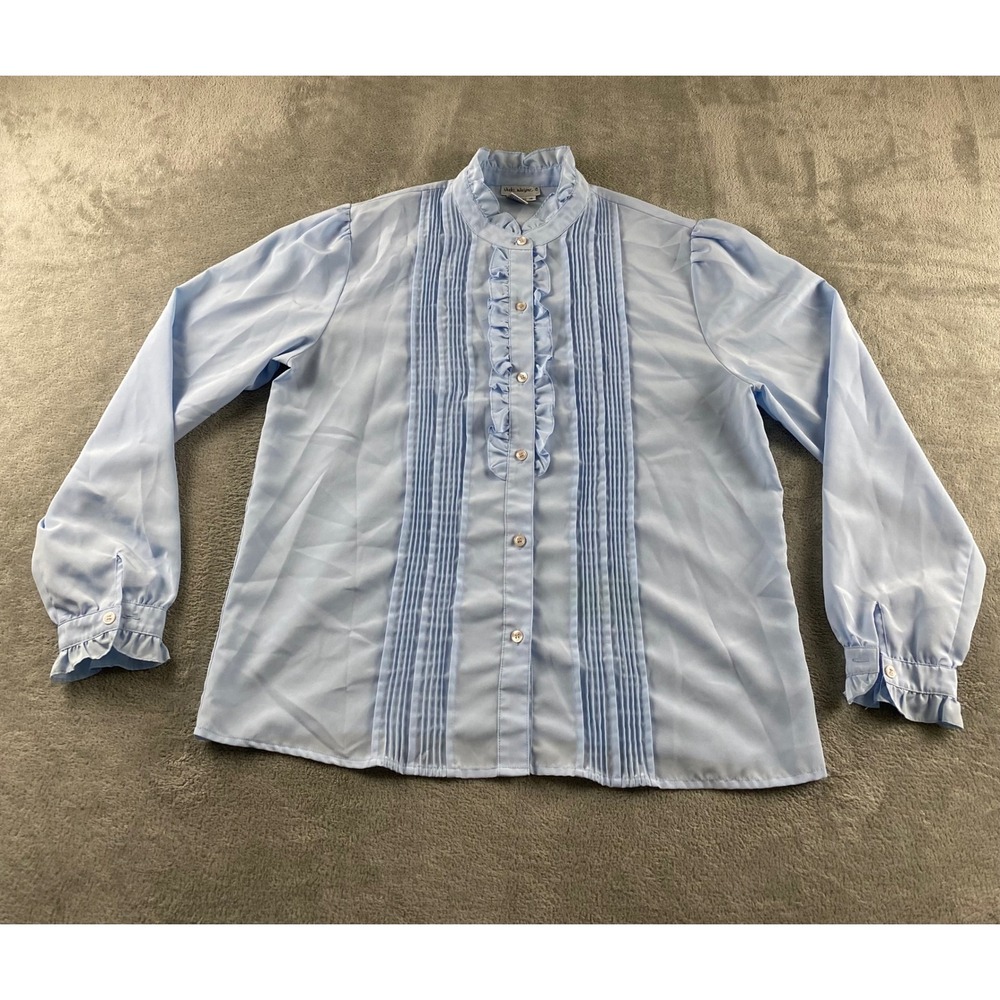 Vicki Waynes Womens 16 Pastel Blue Tuxedo Blouse Ruffle Pintuck Mock Neck Vintg